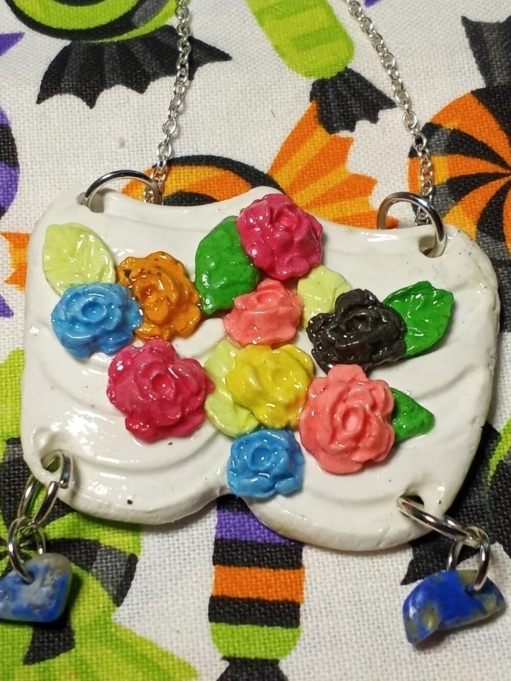 Handmade Polymer Clay Rose Necklace | Multicolor Floral 18in Silver